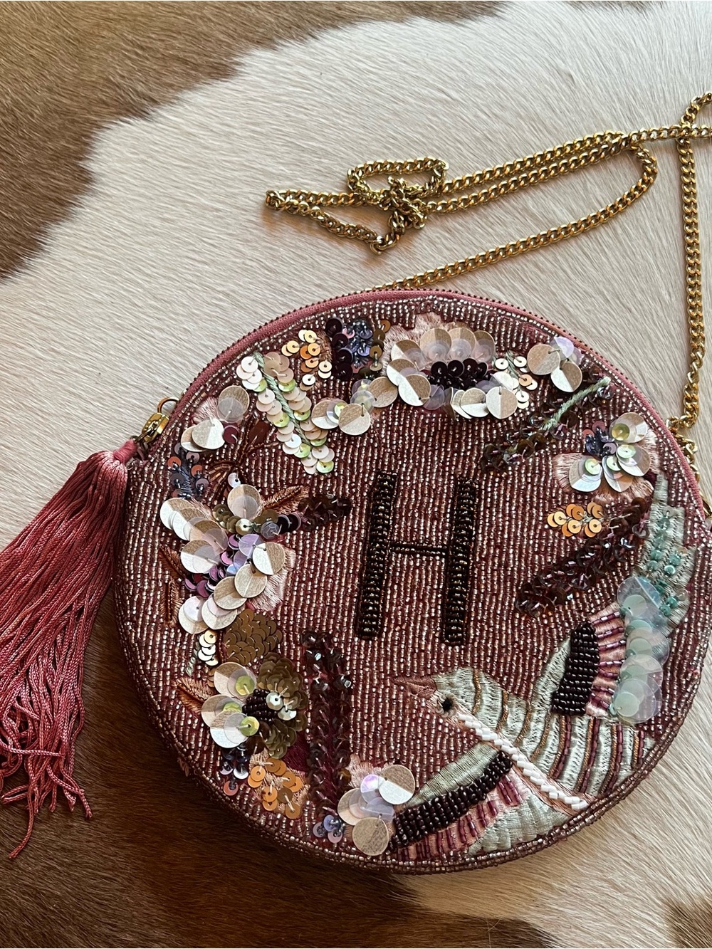 Anthropologie beaded holiday bag / H / zipper / tassel